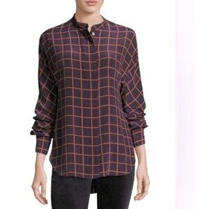 New THEORY Perfect Dolman Purple Multi 100% Silk York Plaid Shirt Bouse Top